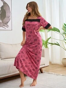 SHEIN Cottnline Women Cotton Floral Pattern With Contrast Colour Lace Detail Nightdress - Pink - View 5