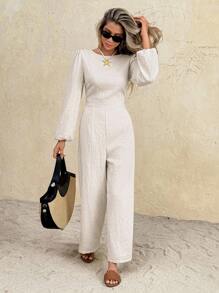 SHEIN Frenchy Women's Elegant Beige Long Sleeve Jumpsuit,Backless Lace-Up Bow Tie-Waist,Casual Autumn Vacation Holiday Outfits,Business Office Commute Minimalist - Apricot - View 7