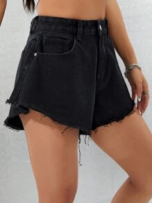 SHEIN Tall Casual Wide Leg High Waist Black Denim Shorts - Black - View 3