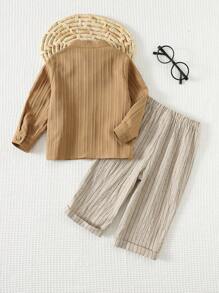 Cozy Pixies 2pcs Baby Boy Crew Neck Long Sleeve Cardigan Top And Elastic Waist Striped Pants Set Fall Winter - Multicolor - View 2
