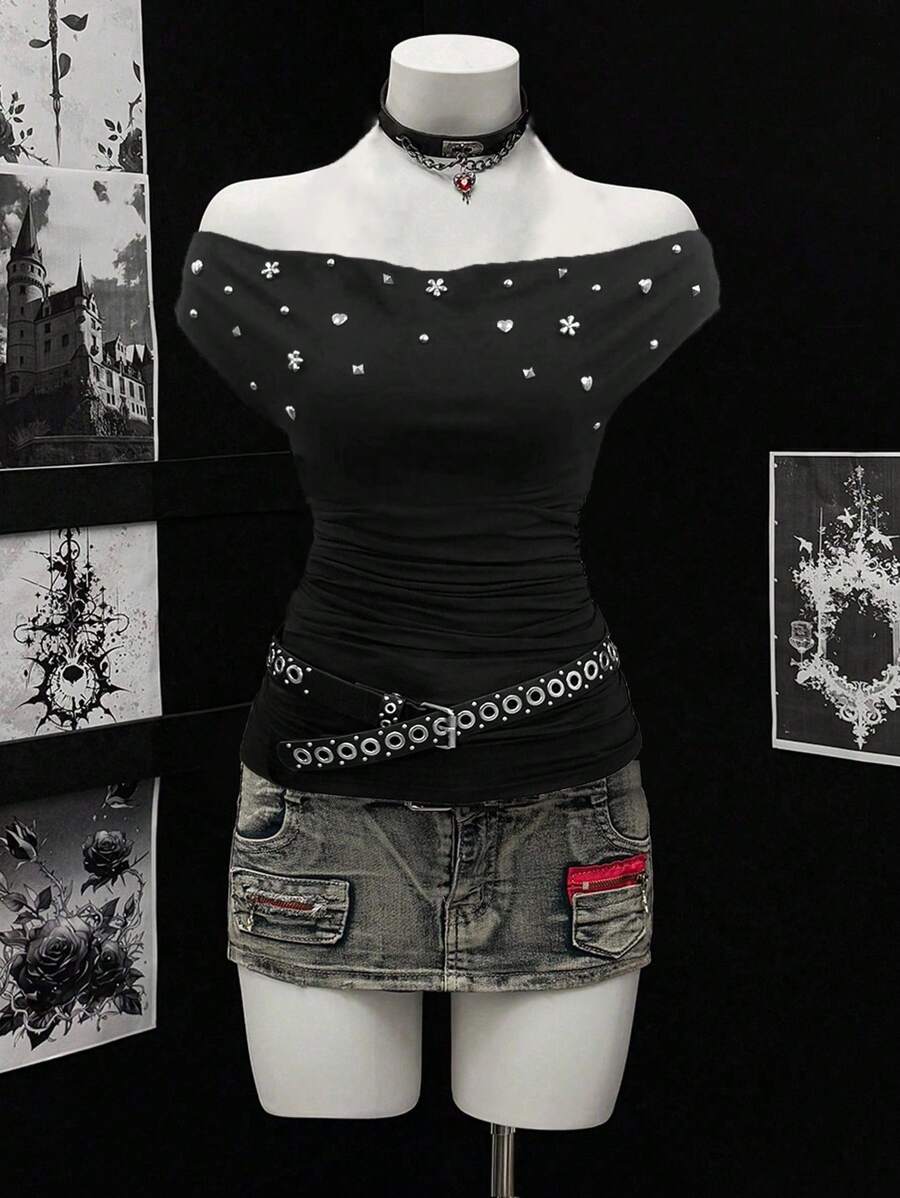 EgrlEra Off Shoulder Pearl Knit Short Sleeve T-Shirt, American Chic Style, Fitted Waist, Unique Design, Versatile Summer Tee For Women - Black - View 1