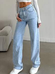 SHEIN Tall Snow Wash Straight Leg Jeans High Rise For Tall - Light Wash - View 7