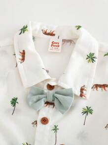 Cozy Pixies 3 قطع بدلة رسمية للأطفال الصبيان تتكون من قميص بياقة بولو بنمط غزال كرتوني مع ربطة عنق، صدرية بدون أكمام، وشورت بخصر مطاطي - متعدد الألوان - مشاهدة 6