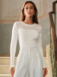 Anewsta Áo thun nữ màu trơn cổ tròn, vai thường, tay dài, ôm sát, chất liệu vải mỏng nhẹ, đa năng. - trắng - Xem 6