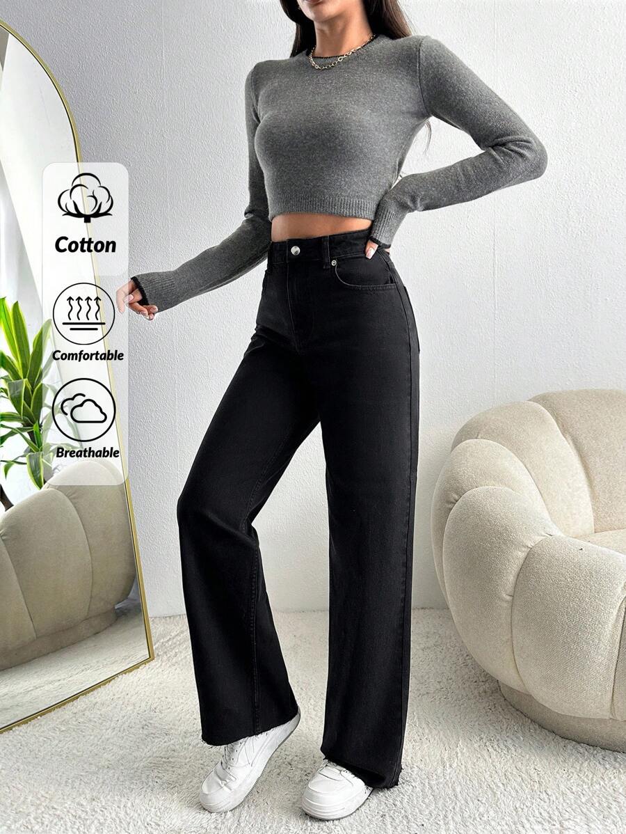 EURMUSE Damen High-Waist Weite Bein Jeans 100% Baumwolle - Schwarz - Übersicht 1