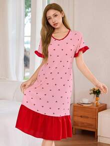 Dream Adore 撞色荷叶边下摆花卉印花V领短袖睡袍女式睡衣裙女士睡衣女式睡裙睡衣女式睡衣裙樱桃印花睡袍 - 粉色 - 查看 1