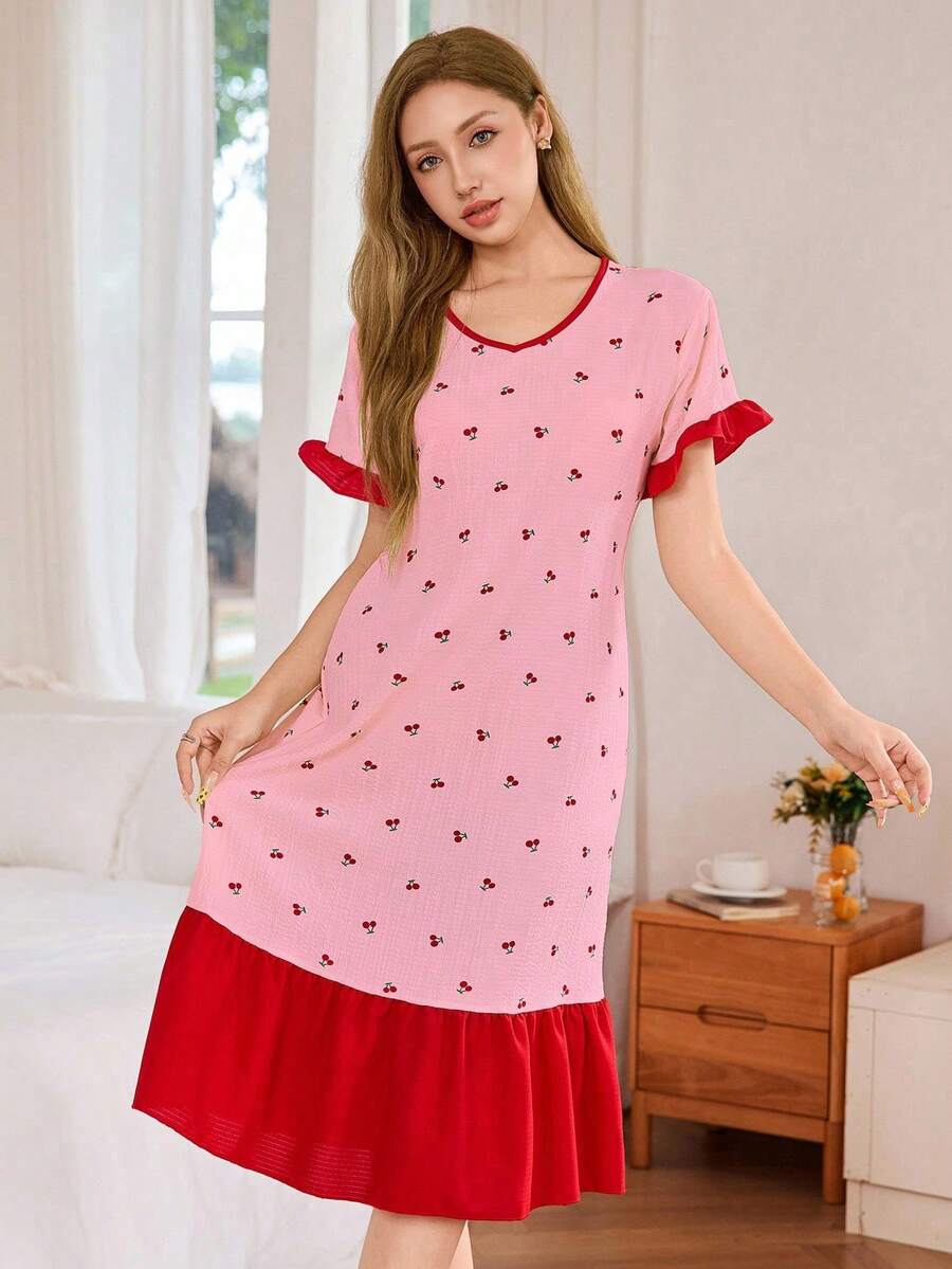 Dream Adore 撞色荷叶边下摆花卉印花V领短袖睡袍女式睡衣裙女士睡衣女式睡裙睡衣女式睡衣裙樱桃印花睡袍 - 粉色 - 查看 1