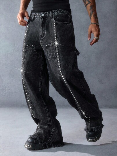 Street Life Jeans amples décontractés à jambe large avec ornements de strass pour hommes