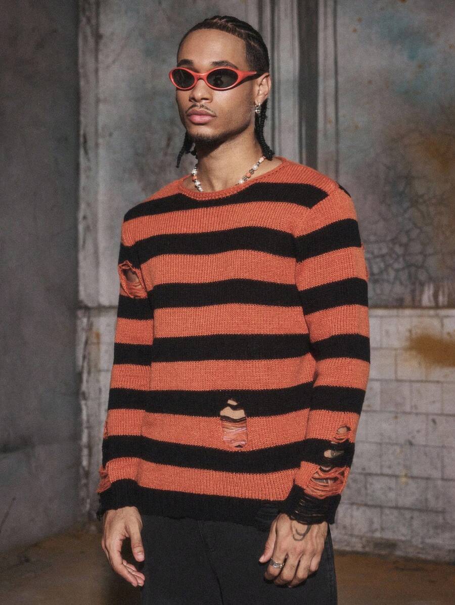 PAVTROS Manfinity Streetrush 男式条纹做旧圆领宽松休闲毛衣，秋冬 - 彩色 - 查看 1