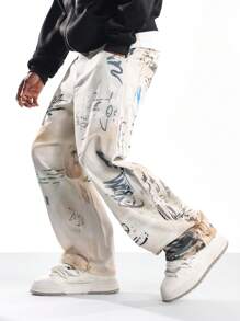SUMWON 白色牛仔裤涂鸦艺术印花宽腿超大街头风格时尚裤手绘抽象设计艺术街头时尚秋冬