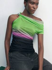 Maija Romantisches, modisches Damen-Farbverlauf-Muster-Mesh-Asymmetrisches-Ärmelloses-Top, Sommer-Romantik, Mode, vielseitig; geeignet für Sommerurlaub, bequem