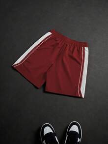 PAVTROS Quần short nam có dây rút in hình ngôi sao năm cánh và chữ màu tương phản - Màu Đỏ Sâu - Xem 2