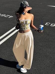 DAZY Women's Solid Color Loose Pleated Sweatpants, Casual Sports Pants, Thermal Lined, Thick For Autumn/Winter - Beige - View 8