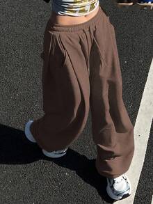 DAZY 女士纯色宽松褶皱裤，休闲运动保暖内衬厚款运动裤，适合秋冬季女士慢跑裤 - 棕色 - 查看 5