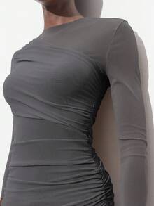 Maija 女士优雅灰色网眼拼接褶皱长袖T恤，百搭实用，适合日常穿着、商务休闲、办公、教师等场合。 - 灰色 - 查看 6