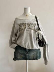 Muchica Vintage New York Retro Street Autumn Withered Branches Camouflage Combination Placement Print Loose Fit Off-Shoulder Long Sleeve Sweatshirt For Women,Long Sleeve Tops Back To School Fall And Winter Clothing Autumn And Winter - Light Grey - View 6