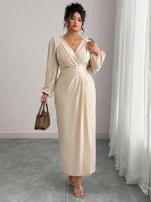 Elenzga 大码女式休闲优雅纯色荷叶边下摆松紧腰长袖长裙，适合工作、度假、春/秋/冬季米色中长裙长袖优雅连衣裙米色女式连衣裙优雅连衣裙 V 领中长裙 - 杏色 - 查看 4