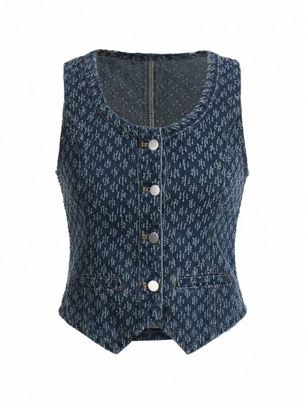 SHEIN x PRISCILA & JIMENA MOTF PREMIUM 纹理纽扣牛仔背心