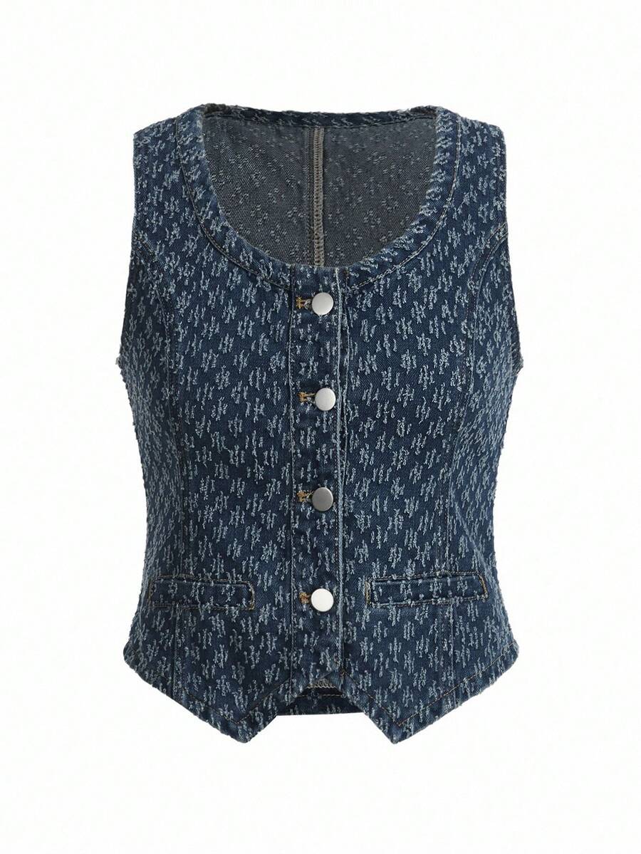SHEIN x PRISCILA & JIMENA MOTF PREMIUM 纹理纽扣牛仔背心 - 中等水洗藍 - 查看 1