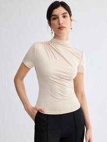 BizChic Women's Stand Collar Pleated Short Sleeve T-Shirt, Basic Top, Suitable For Outings, Office, Business Casual, Autumn - Apricot - View 12