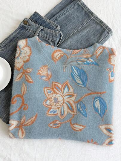 Comfortcana 大码休闲柔软蓝灰色花卉图案毛衣，秋季上衣