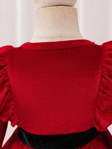 Glamorique Kids Baby Girls' Christmas Party Bow Headband & Velvet Dress, Suitable For Holiday Events,Christmas Dress Fall Winter - Red - View 3