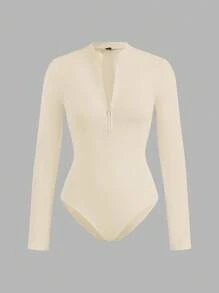SHEIN EZwear 2 件女式黑色和杏色拉链高领紧身连体衣套装，休闲长袖，适合秋冬季 - 彩色 - 查看 8