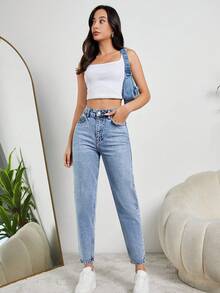 SHEIN Tall 妈妈款高腰浅蓝色高腰牛仔裤 - 中等水洗藍 - 查看 4