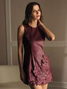 MOTF PREMIUM PU LEATHER EMBROIDERY STEREO FLOWER SLEEVELESS MINI DRESS - Burgundy - View 7