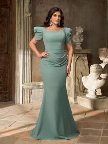 Aureia 大码优雅浪漫灰绿色方领花瓣袖腰部褶饰美人鱼下摆伴娘礼服 - 綠色 - 查看 7