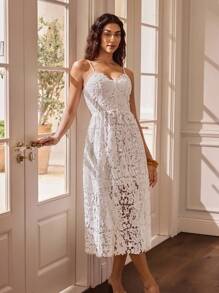 Glamance BiGraphic Women's Solid Color Hollow Out Spaghetti Strap Contrast Lace White Dress Wedding Guest Dress Women Off The Shoulder Dress Casual - White - View 4