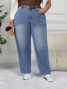 SHEIN CURVE+ 大码蓝色休闲口袋百搭女式牛仔裤，夏季 - 藍色 - 查看 10