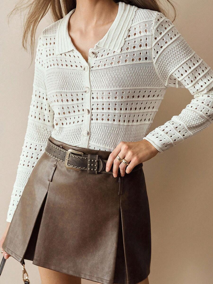 Florisole Casual Solid Color Hollow Out Knit Cardigan, Bohemian Style Spring/Autumn Outerwear Sweater For Women Fall Winter Cloth For Women - Apricot - View 1