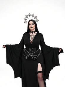 Whyspr 大码女式 2025 复古休闲朋克风格深 V 领荷叶边领抽绳下摆高开衩蝙蝠袖长裙，女巫暗黑风格，适合万圣节和节日 - 黑色 - 查看 5