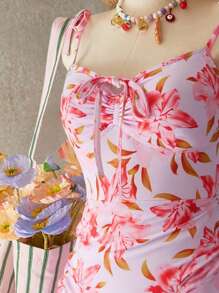 SHEIN Swim Maiô feminino de uma peça com estampa de alças finas e laço frontal com cordão