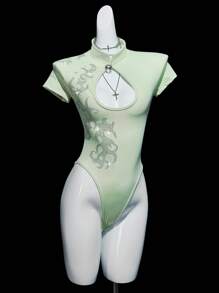 SHEIN ICON 女士绿色水钻装饰前后镂空高领紧身衣 - 黑色 - 查看 11