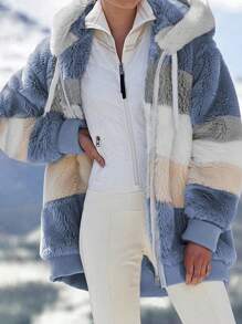 INAWLY Plus Size Women Loose Casual Fluffy Color Block Hooded Jacket, Autumn/Winter Fall - Blue - View 1