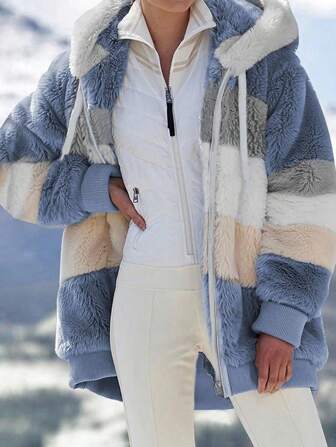 INAWLY Chaqueta con capucha, holgada y casual, de tejido mullido y en bloque de color para mujer de talla grande, para otoño/invierno