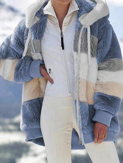 INAWLY Plus Size Women Loose Casual Fluffy Color Block Hooded Jacket, Autumn/Winter Fall