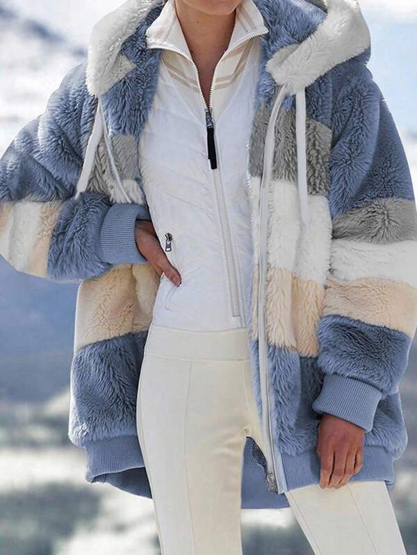 INAWLY Plus Size Women Loose Casual Fluffy Color Block Hooded Jacket, Autumn/Winter Fall