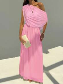 Aloruh New Draped Shoulder Ruched Decor Slim Fit Extra Long Flowy Maxi Party Vacation Versatile Lightweight Dress - Baby Pink - View 6