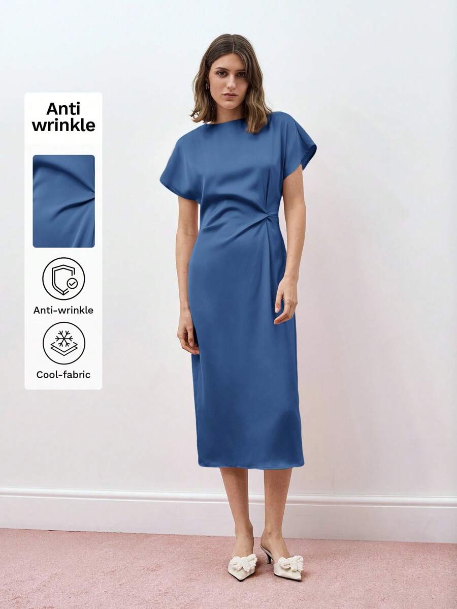 Maija Vestido casual de cintura ajustada con cuello redondo y manga corta, unicolor, con pliegues hasta la pantorrilla, adecuado para vacaciones, trabajo y uso casual, vestido de satén elegante - Azul - Ver 1