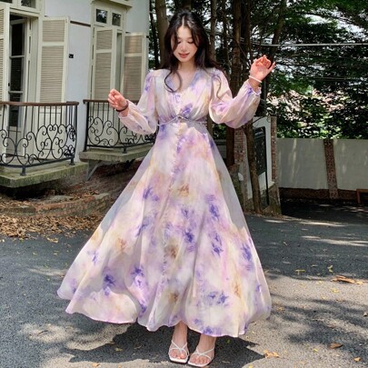 여성용 브이넥 옴브레 쉬폰 미디 드레스, 올오버 프린트, 여름용