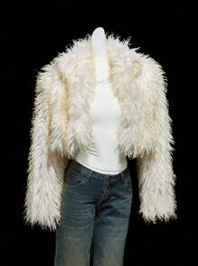 SHEIN ICON Women's Faux Fur Cropped Jacket In Pale Yellow, Fashionable, Sexy, Minimalist, Cute, Retro Style For Autumn/Winter Faux Fur Coat Faux Fur Jacket Cropped Fur Jacket Shrug Halloween Party - Yellow - View 1