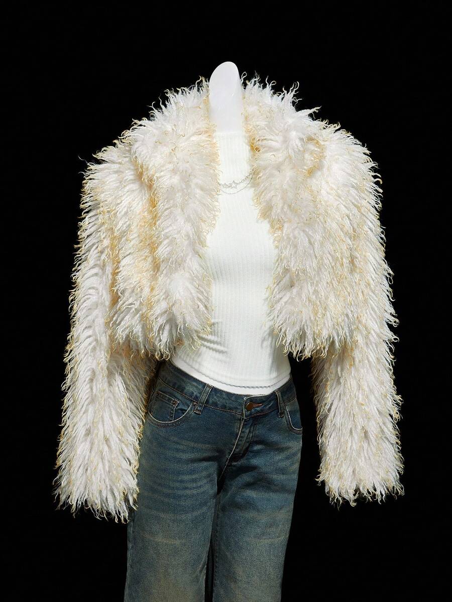 SHEIN ICON Women's Faux Fur Cropped Jacket In Pale Yellow, Fashionable, Sexy, Minimalist, Cute, Retro Style For Autumn/Winter Faux Fur Coat Faux Fur Jacket Cropped Fur Jacket Shrug Halloween Party - Yellow - View 1