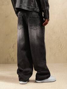 Pantalones anchos de mezclilla arrugada SUMWON, de corte holgado y relajado, con estilo callejero de moda de otoño e invierno, con textura y patrón únicos - Negro - Ver 5