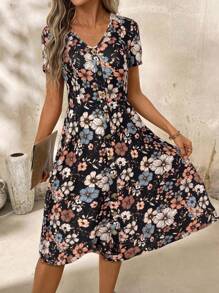 SHEIN Clasi V-Neck Button Red Polka Dot Waist Cinched Women Dress,Spring Clothes,Valentine Day Dress,Casual Dresses For Women - Black - View 4