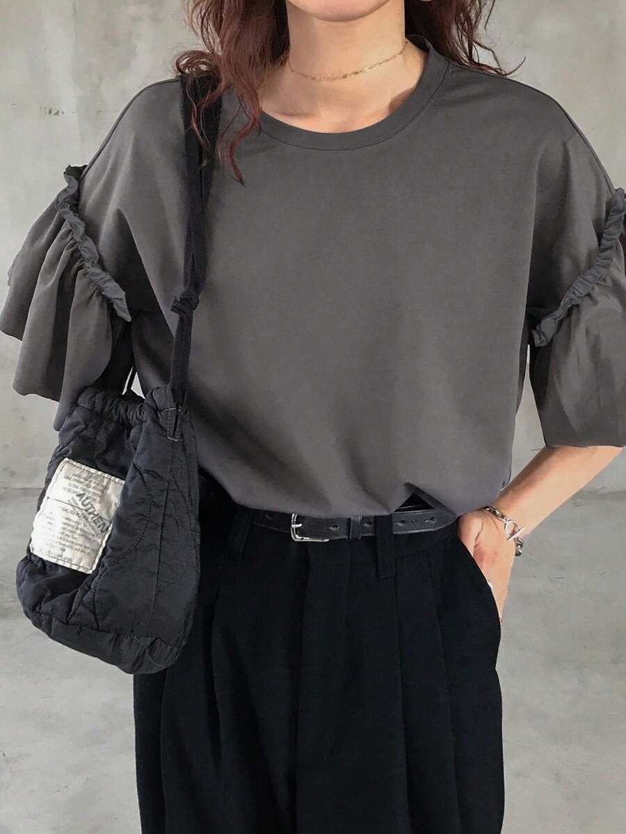 FRIFUL 女士宽松休闲纯色盖袖T恤，夏季，褶边