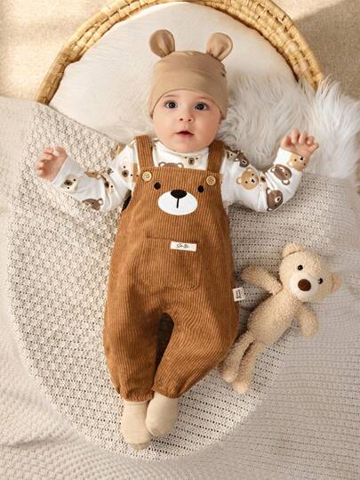 Cozy Pixies 新生儿男女宝宝卡通小熊图案针织柔软圆领长袖连体衣和背带裤两件套，小熊宝宝套装，棕色婴儿幼儿男童连体衣，灯芯绒连体衣，秋冬季