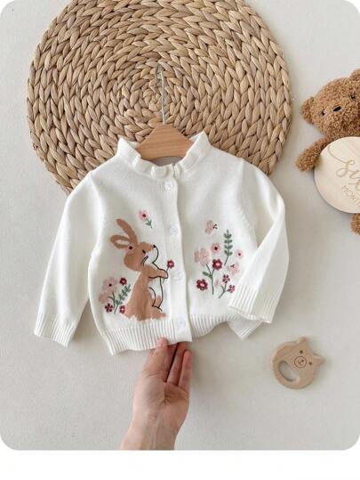 SHEIN Cardigan a maglia a manica lunga con bottoni singoli, con ricamo di conigli cartoni animati e fiori, con volant, per neonata